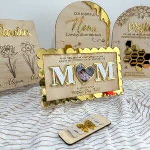 engraved wood base with raised acrylic lettering, Personalised Mother’s Day Photo Plaque Gift.
