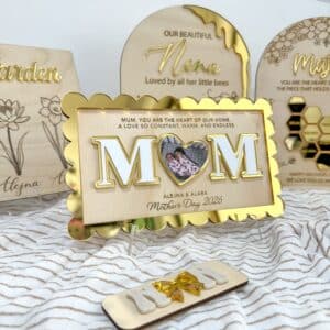 engraved wood base with raised acrylic lettering, personalised 'Alejna' Mother's Day photo plaque gift.