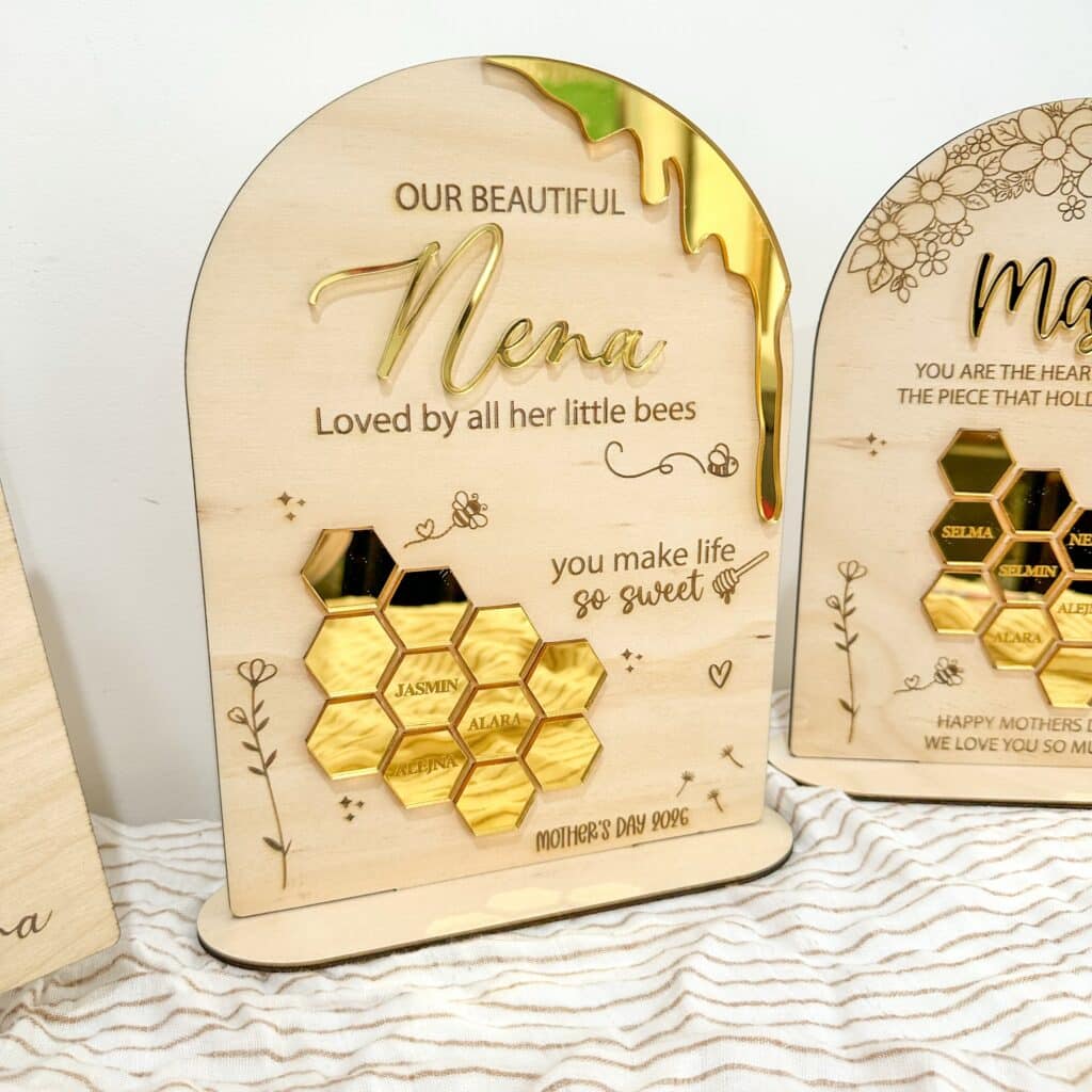 acrylic bee plaque, personalised for Mother's Day, with a custom name and message.