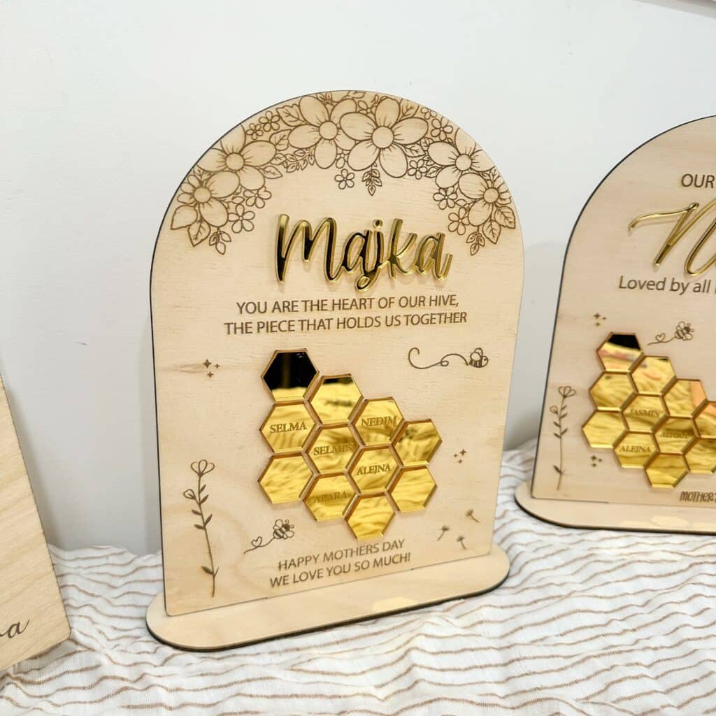 acrylic personalised mother's day plaque featuring a floral honeycomb design. Custom, bespoke, handcrafted.