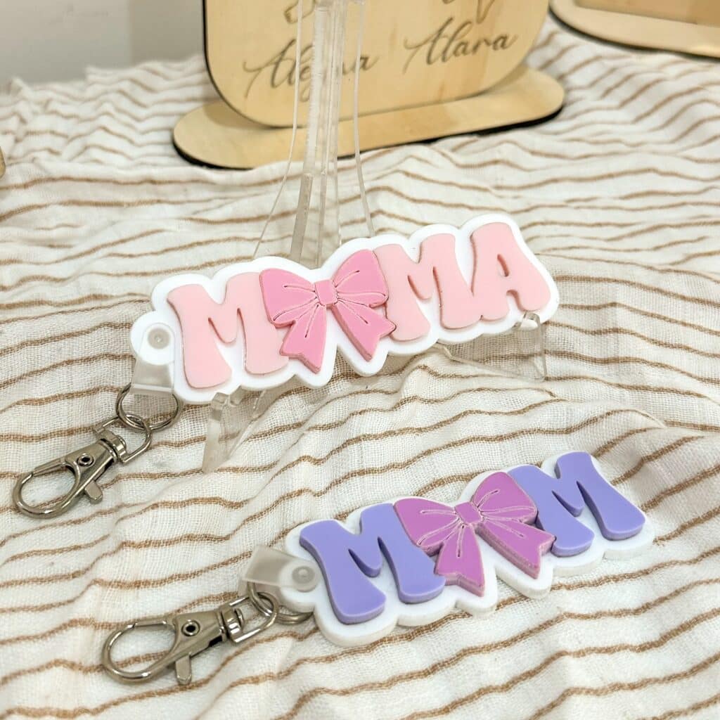 Personalised mum keychain bag tag made from acrylic, featuring a custom name tag.