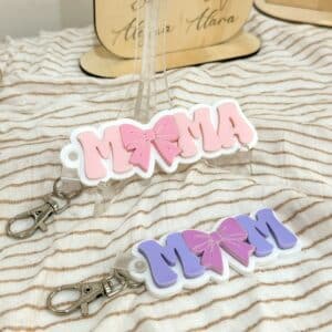 Personalised mum keychain bag tag made from acrylic, featuring a custom name tag.
