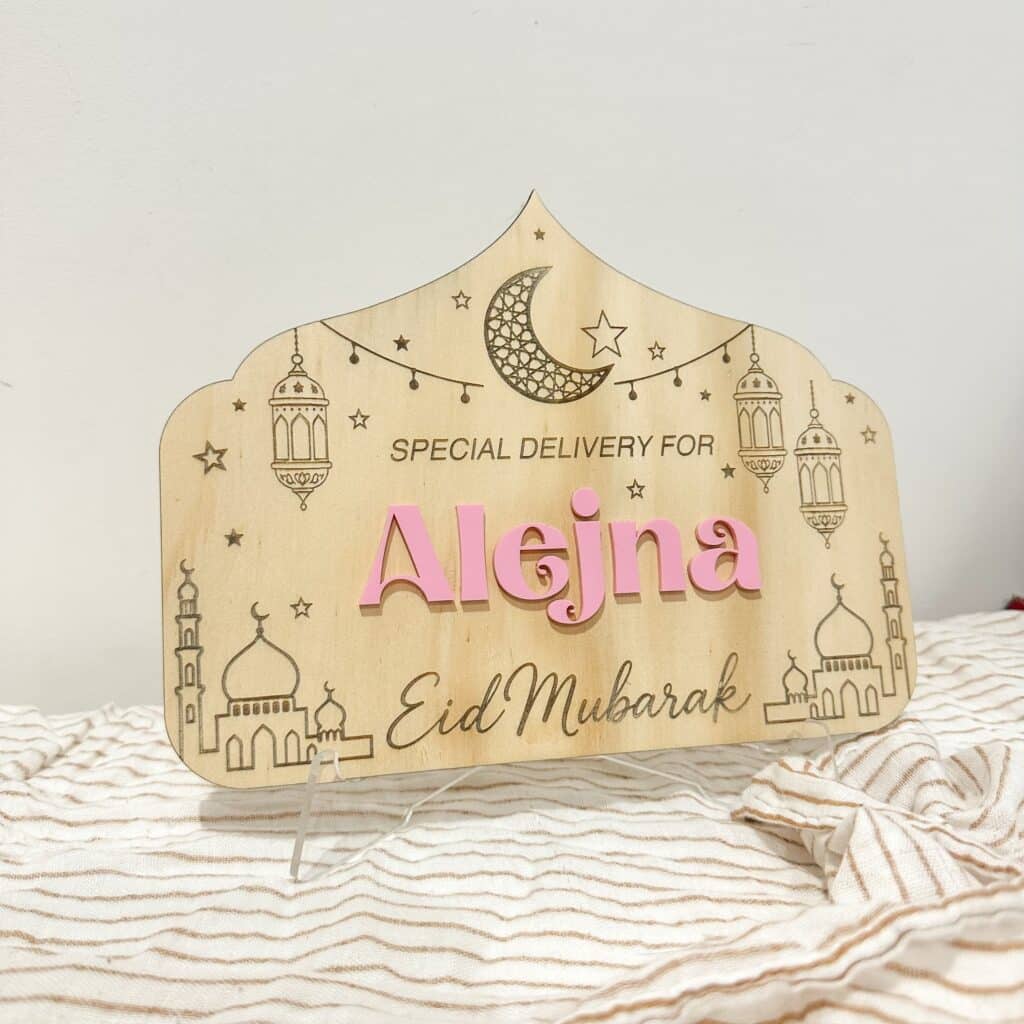 engraved wood base with raised acrylic lettering, Personalised Eid Crate Plaque | Kids Keepsake.