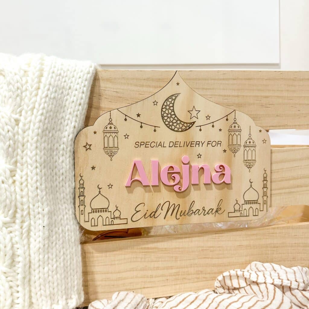 acrylic Eid crate plaque, personalised, custom, handcrafted, bespoke, ready for personalisation.