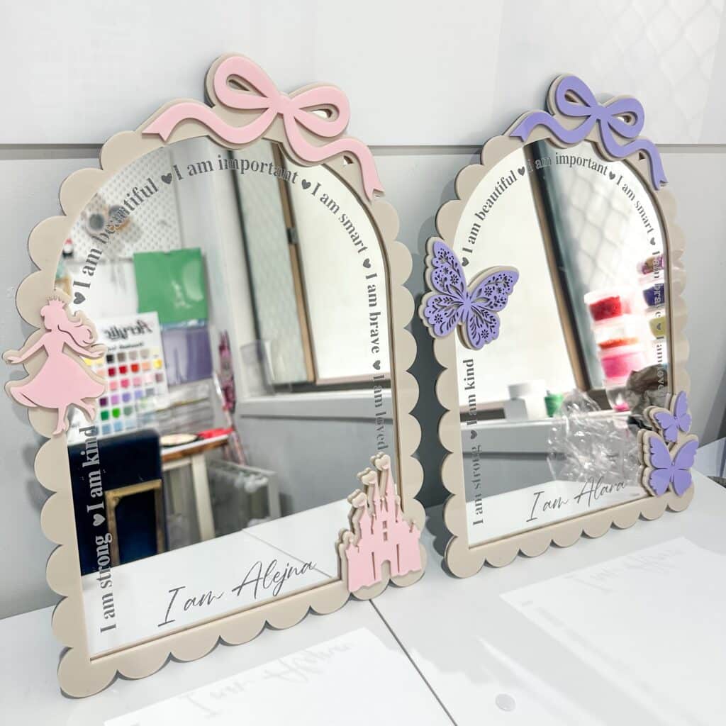 Personalised Princess Affirmation Mirror with Bow | Castle Scalloped Edge Kids Mirror