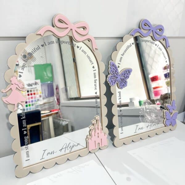 Personalised Princess Affirmation Mirror with Bow | Castle Scalloped Edge Kids Mirror
