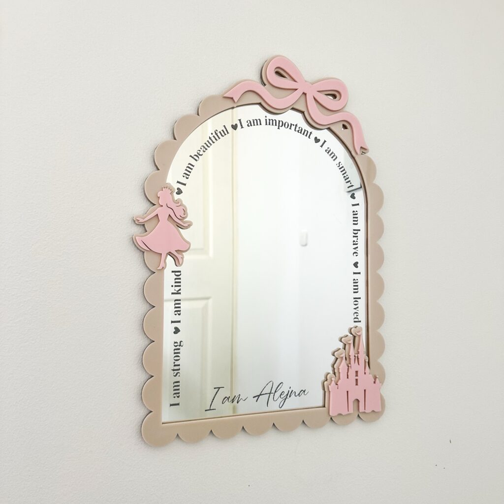 Personalised Princess Affirmation Mirror with Bow | Castle Scalloped Edge Kids Mirror