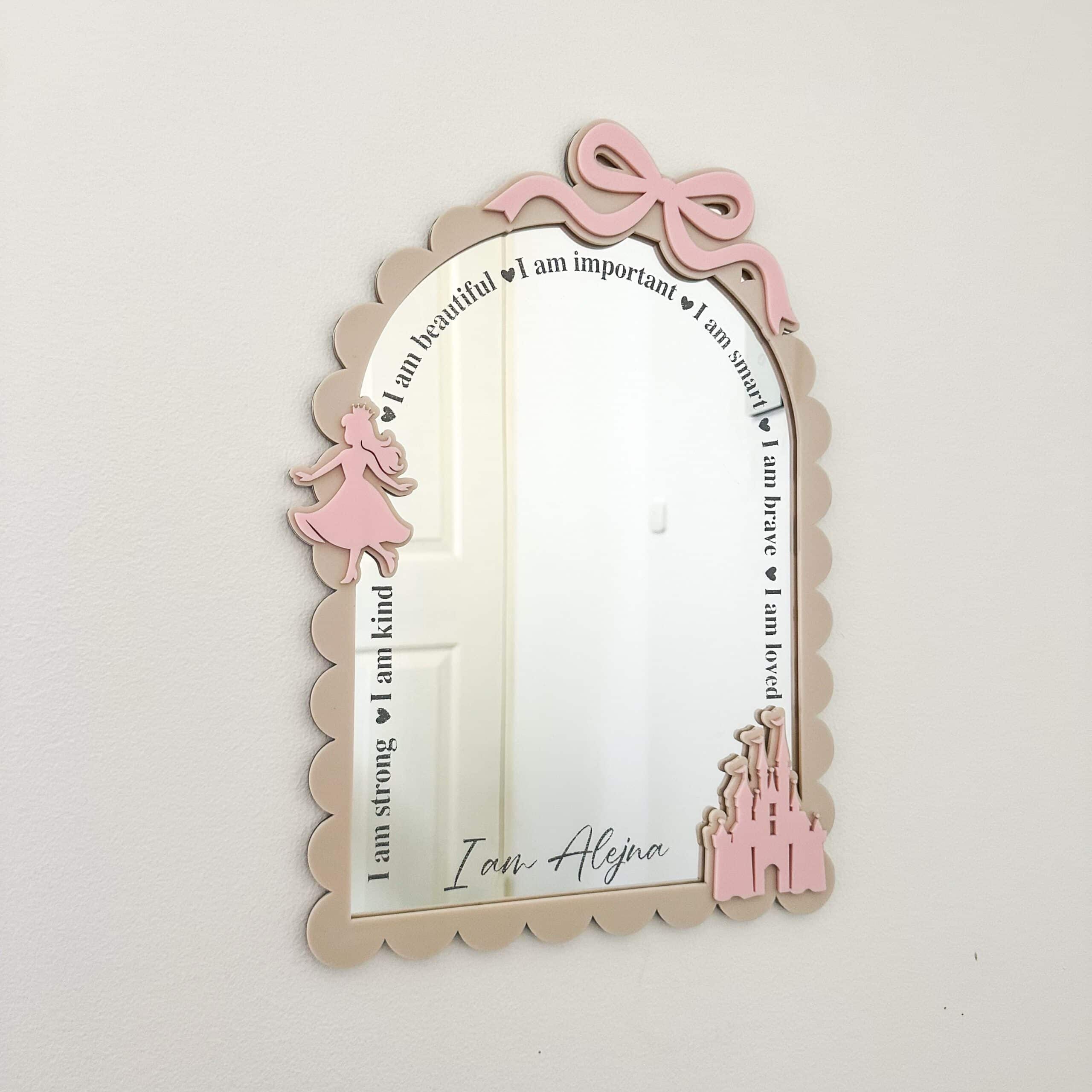 Personalised princess affirmation mirror with castle bow detail by Hello Acrylic