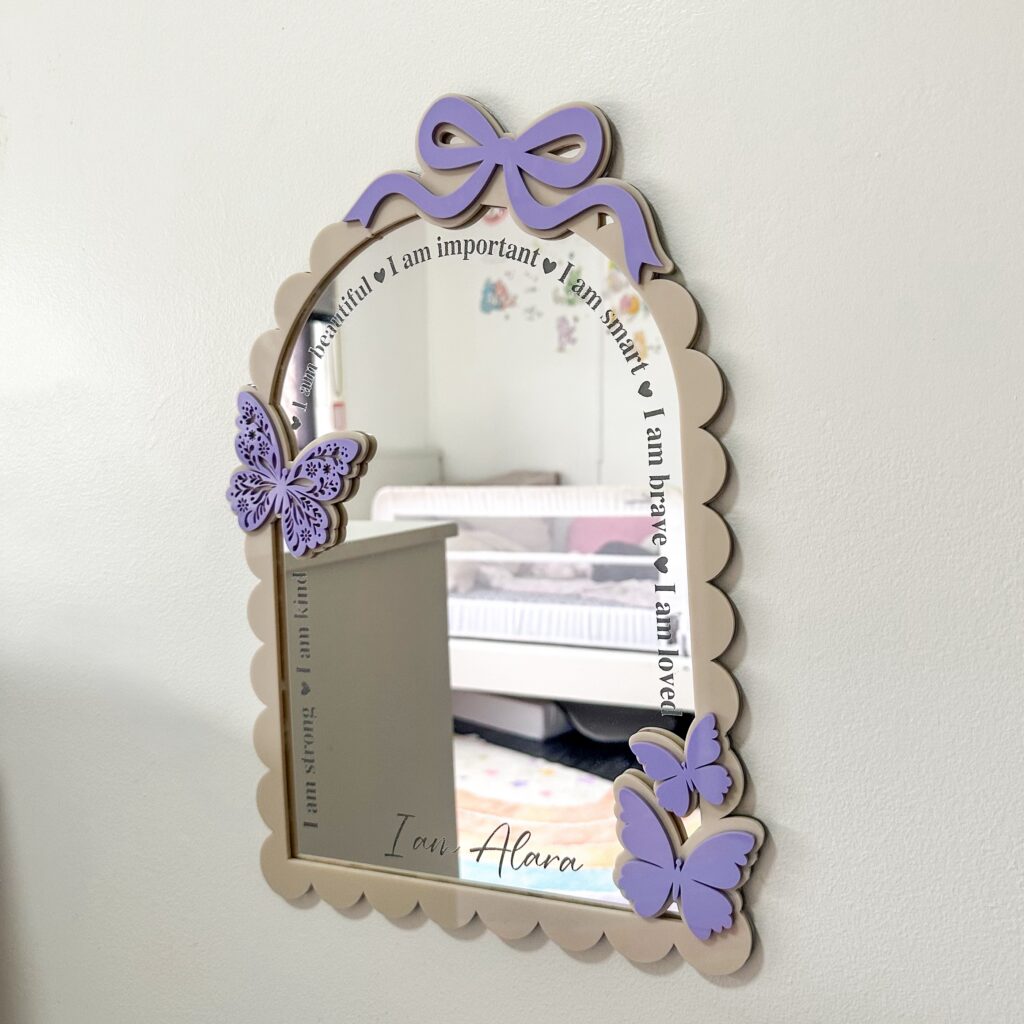Personalised Butterfly Affirmation Mirror with Bow | Scalloped Edge Kids Mirror Decor