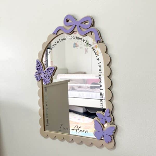 Personalised Butterfly Affirmation Mirror with Bow | Scalloped Edge Kids Mirror Decor